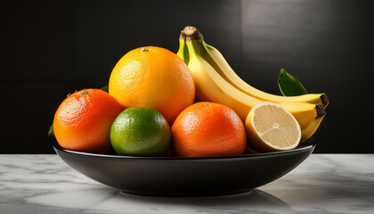 a black bowl filled with assorted fresh citrus fruits including oranges lime grapefruit and bananas on a marble countertop with a dark blurred background