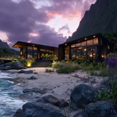 Modern beach houses at sunset
