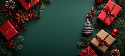 Colorful Christmas Decorations and Gifts Arranged on a Green Background With Festive Elements