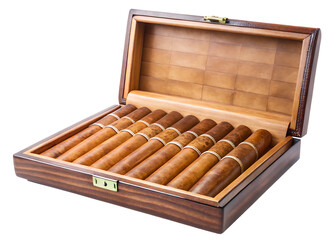 Wooden cigar box full of cigars isolated on a transparent background tobacco brown