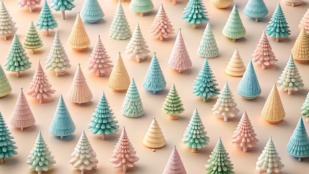 A delightful collection of pastelcolored miniature christmas trees arranged in a pattern, evoking a whimsical holiday spirit