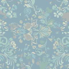 Pastel floral damask pattern with muted colors. Intricate design with various flowers, leaves, and swirling patterns.