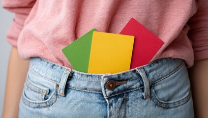 Woman's waist with colorful cards in jeans