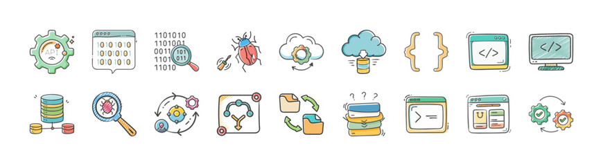 Hand drawn software development and coding icons set - Collection of colorful hand drawn icons representing software development and coding, including cloud computing, databases, code symbols