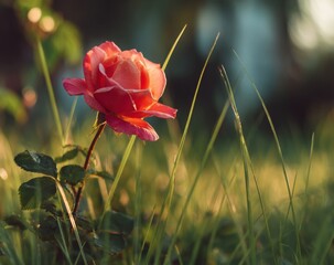 A vibrant rose in a grassy meadow, bathed in sunlight