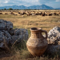Rustic earthenware jug amidst a grassy field, distant livestock and mountains