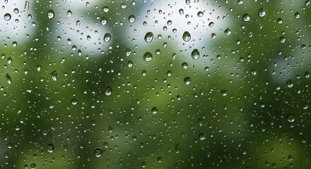 Rain droplets on glass window creating abstract reflective texture with blurred nature background