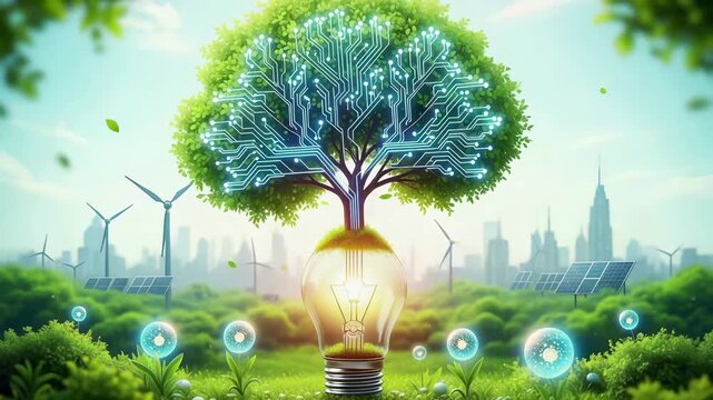 Green tree with digital circuit branches, lightbulb base symbolizes sustainable technology innovation. Solar panels, wind turbines represent renewable energy solutions. Eco friendly smart city concept