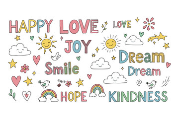 Fototapeta premium Inspirational words and symbols of happiness and positivity