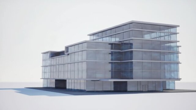 Modern Glass Building Rotating on White Background - Architectural Visualization