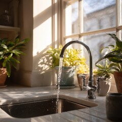 Kitchen sink with running water, sunlight streaming through window