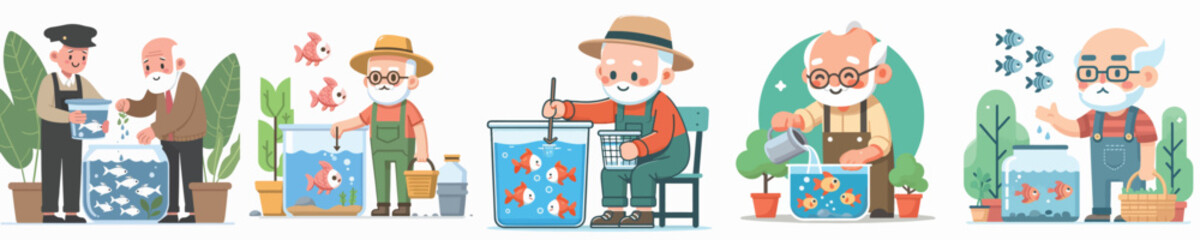 vector of grandfather raising fish