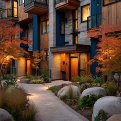 Modern townhouse courtyard at dusk