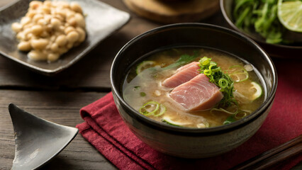 Miso. A national dish served with a side dish. The broth is made from miso paste made from soybeans and tuna.