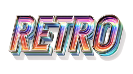 Retro chrome 3D text effect with neon reflection isolated on transparent background 