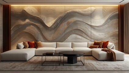 Modern living room with abstract marble wallpaper and plush sectional sofa