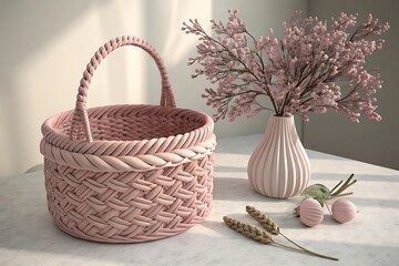 Soft pink woven basket with delicate flowers and decorative elements