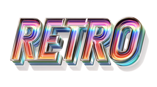 Retro chrome 3D text effect with neon reflection isolated on transparent background 