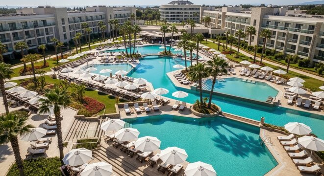 An aerial view of a resort complex featuring multi-story buildings interconnected swimming pools sun loungers and palm trees under a clear sky