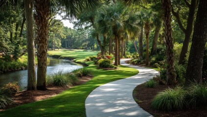 Serene path winding through a lush golf course