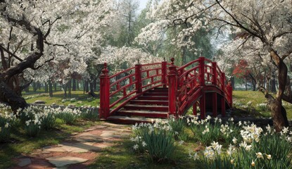 Red bridge in a spring garden