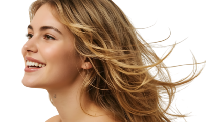 Radiant Beauty's Embrace: A young woman, exudes happiness, her wind-swept hair dancing around her face, portraying a sense of carefree joy and timeless elegance.