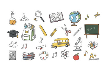 Whimsical hand drawn school supplies and icons collection
