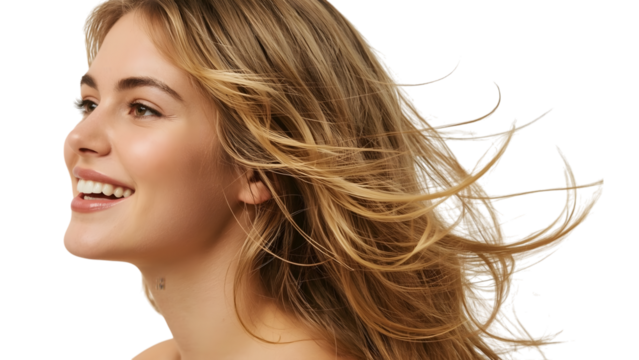 Radiant Beauty's Embrace: A young woman, exudes happiness, her wind-swept hair dancing around her face, portraying a sense of carefree joy and timeless elegance.