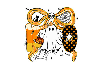 Cute cartoon ghost with halloween elements like pumpkin, spider web, and black cat Sublimation Design
 isolated on transparent background