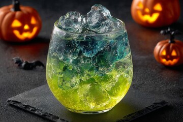 Close-up of glass filled with Witches Brew Lemonade, green citrus drink with frozen fingers. Concept of Witches Brew Lemonade in spooky atmosphere with dim lighting, pumpkins, bats.