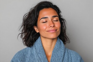 A woman in a light-blue robe, eyes closed, exudes tranquility against a muted gray backdrop.