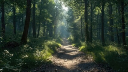 Fototapeta premium Sunlit path through a dense forest (1)