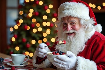 Santa Claus Delights in Nutritious Berry Oatmeal Breakfast, Radiating Joy with Each Delicious Mouthful.