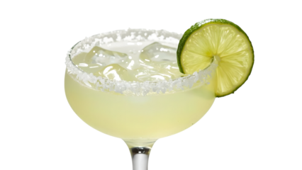 Refreshing Margarita: A chilled margarita, boasting a vibrant lime slice garnish and a rimmed glass, beckons with its icy allure and refreshing taste. 