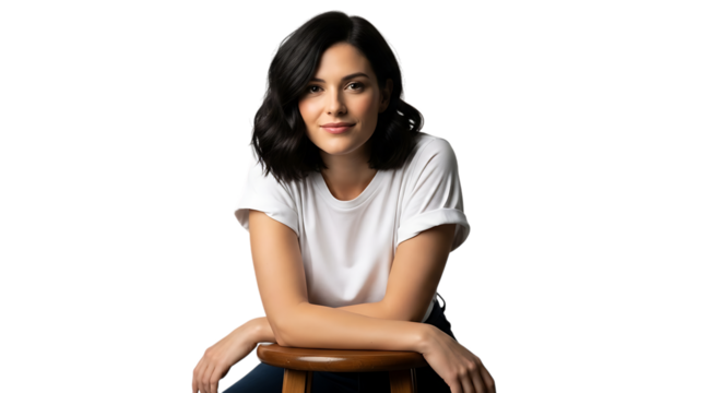 Young Woman Sitting Smiling Wearing White T Shirt Isolated On Black Background - Powered by Adobe