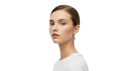 Young woman with clear skin and natural makeup isolated on black background