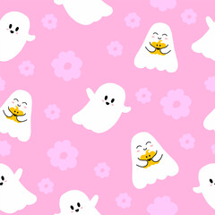 Seamless Halloween pattern with ghost, pumpkin, and pink flowers.