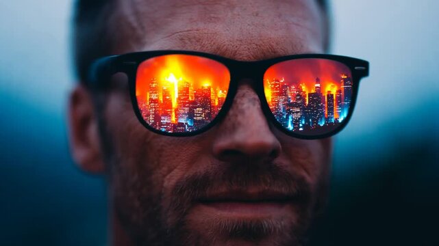 Cityscape reflection in sunglasses vibrant sunset