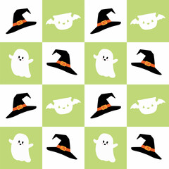 Seamless Halloween pattern with cartoon pumpkin and ghost on purple background, vector illustration.