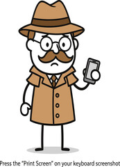 Cartoon detective character, brown trench coat, fedora hat, smartphone in hand, serious expression, mystery theme, investigation concept, digital tutorial art