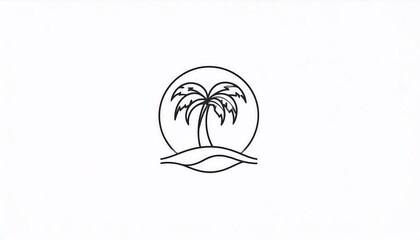 Simple line art of a palm tree on an island, sun, and waves