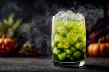 Witches Brew Lemonade in tall glass, green citrus drink with frozen fingers, ice cubes present. Concept of Witches Brew Lemonade with dark, moody atmosphere, steam rising.