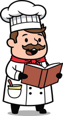 Cartoon chef character, smiling cook, white uniform, red neckerchief, cookbook in hand, kitchen tools, culinary illustration, food art, recipe concept