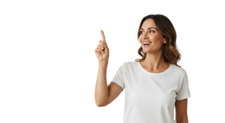 Woman pointing up with index finger isolated on black background showing inspiration and idea generation