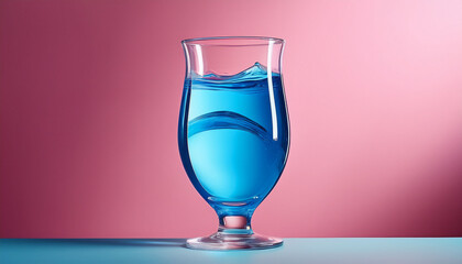 Elegant Glass Filled With Vibrant Blue Liquid Stands Gracefully Against A Soft Pink Backdrop Creating A Captivating Contrast That Enhances The Visual Appeal