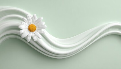 Delicate white daisy on flowing white ribbons against a mint green background