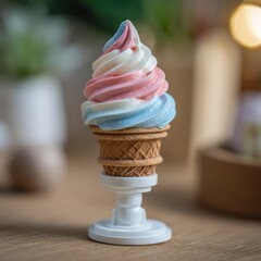 Miniature ice cream cone on a stand.  Close-up