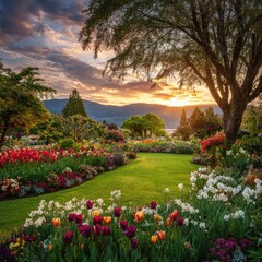 Lush garden at sunset