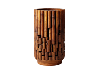 Close up shot of an antique carved wooden cylinder with intricate vertical patterns and a textured surface