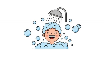 Child taking shower with soap bubbles